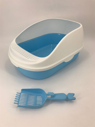 Large Cat Litter Box with High Walls and Scoop - Blue