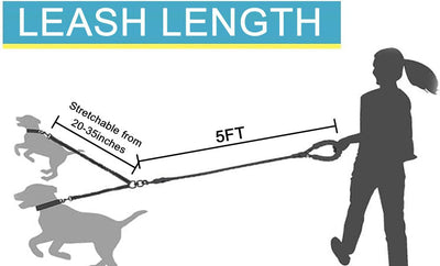 Tangle-Free Dog Leash for 1-3 Dogs - Heavy Duty Bungee Coupler with Reflective Stitching & Padded Handle - Grey