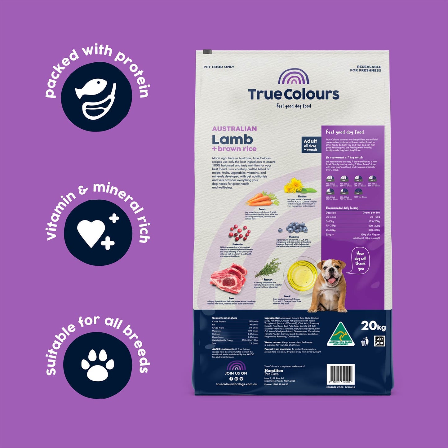 True Colours 100% Balanced Adult Dog Food – Australian Lamb + Brown Rice