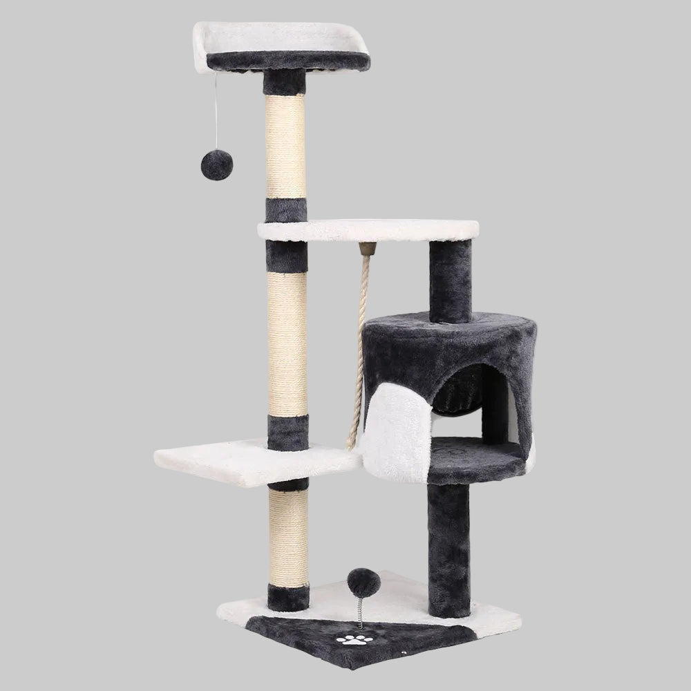 112cm Blue and White Cat Scratching Tree with Hanging Balls and Hanging Rope