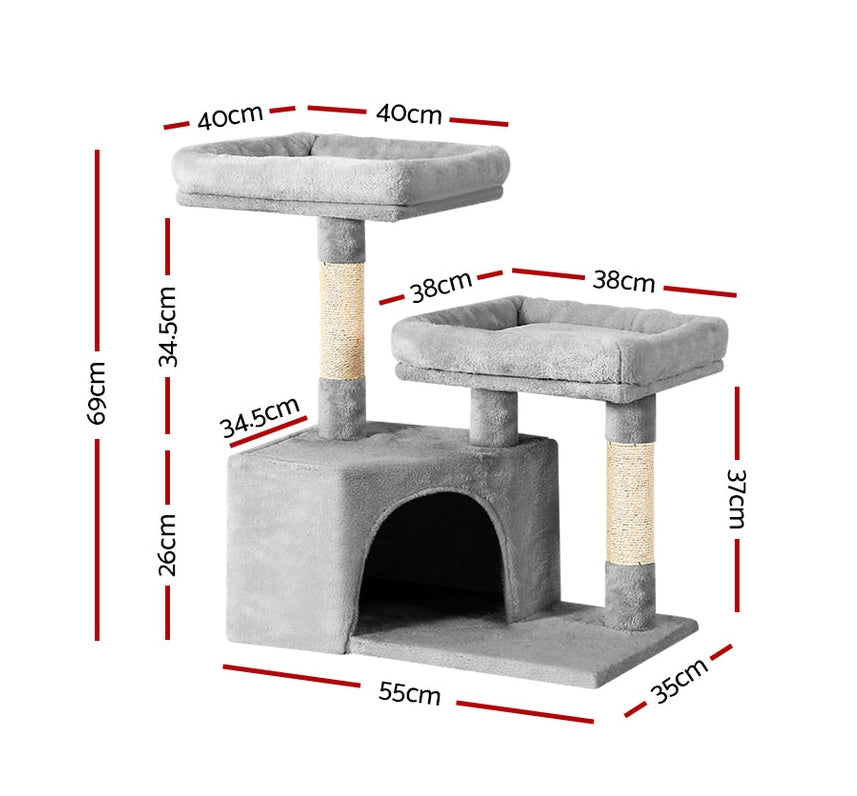 69cm Cute Cat Scratching Tree with Cubby Hole and Lounging Platforms