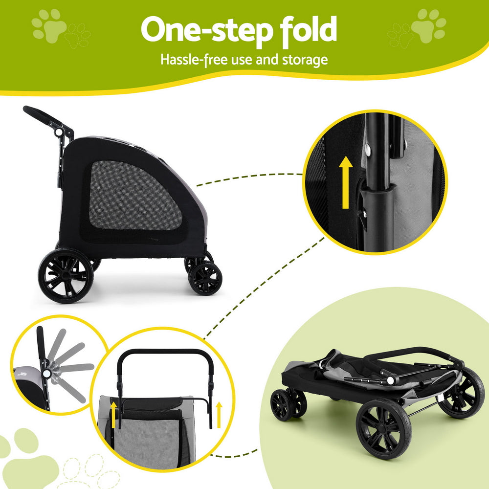 i.Pet Large Foldable Stroller/ Trolley In Black - Spacious, Comfortable and Durable