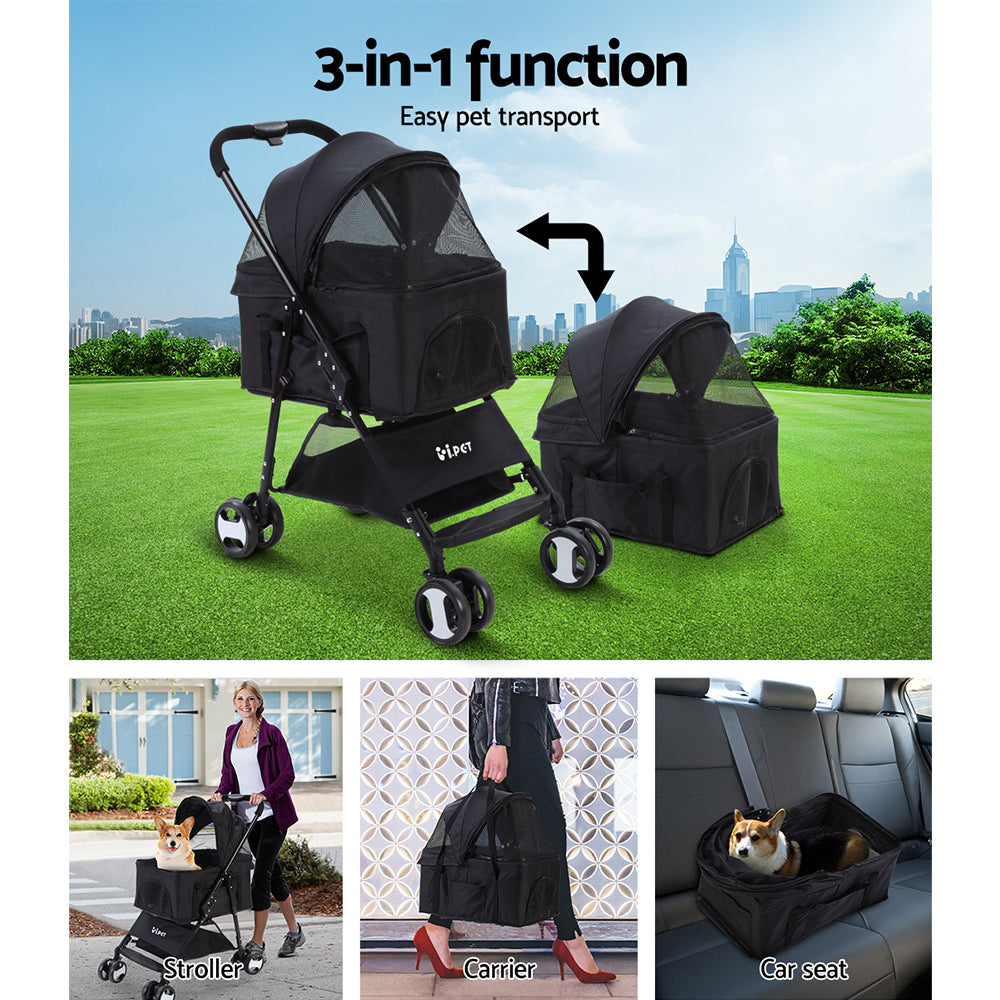 i.Pet Foldable 3 in 1 Carrier, Car Seat & Pet Stroller - Black