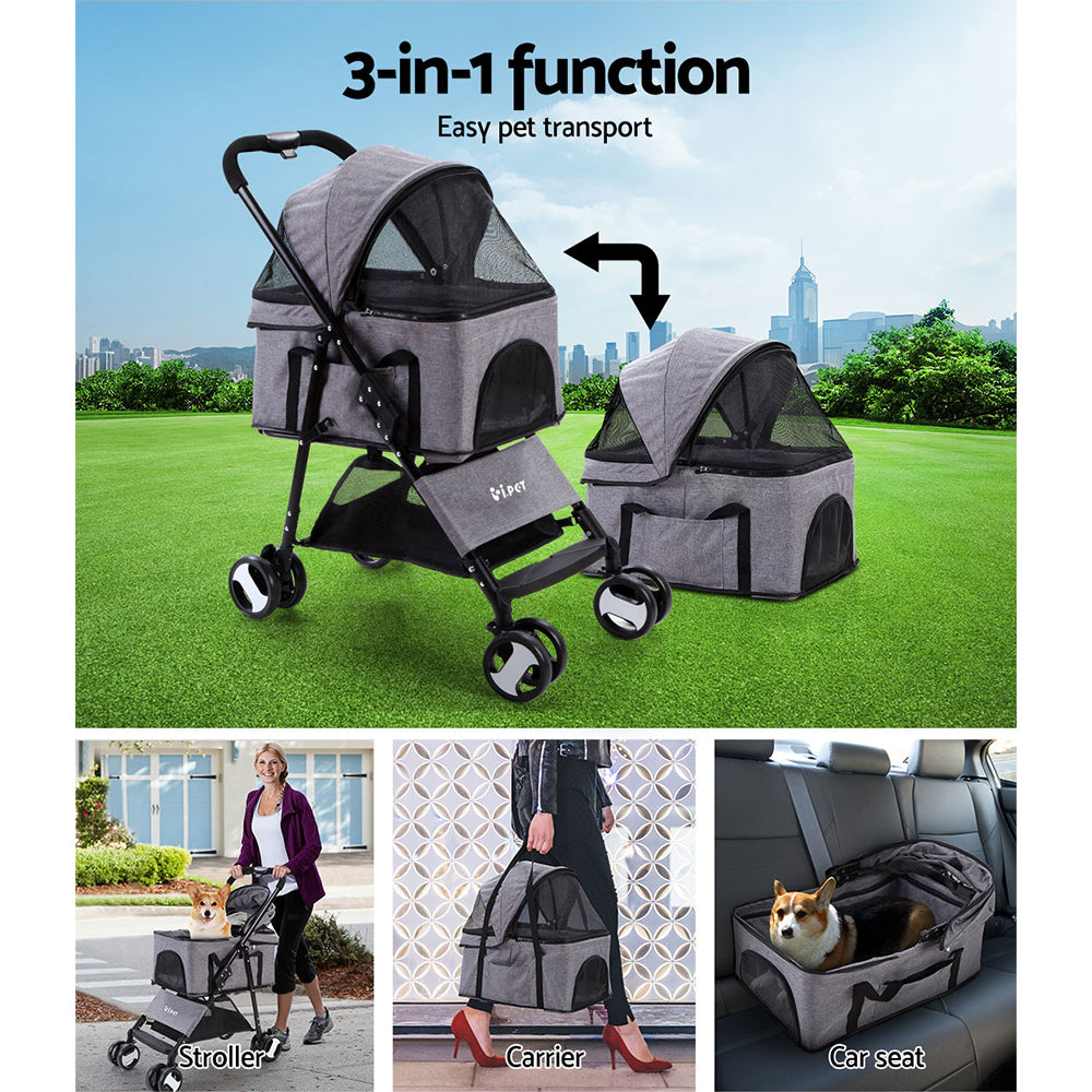 i.Pet Foldable 3 in 1 Carrier, Car Seat & Pet Stroller - Grey