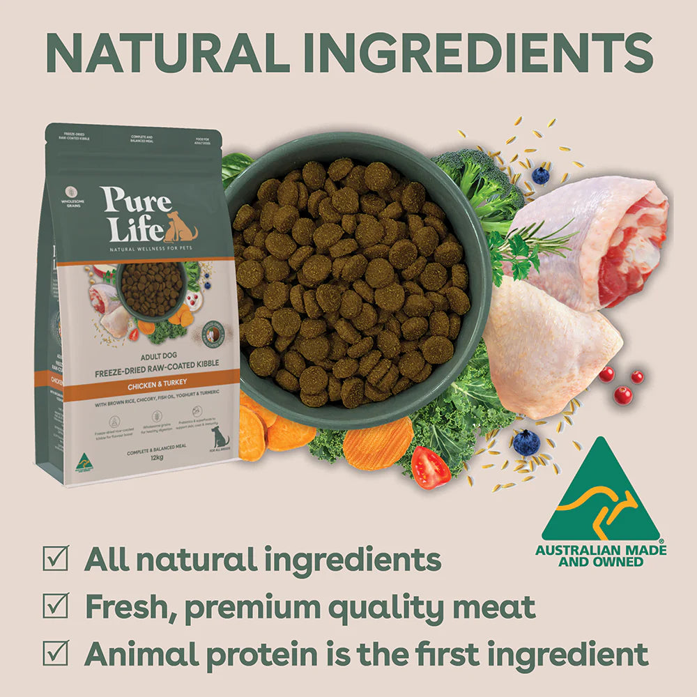 Pure Life Adult Dog Food – Freeze-Dried Raw Coated Kibble – Chicken & Turkey