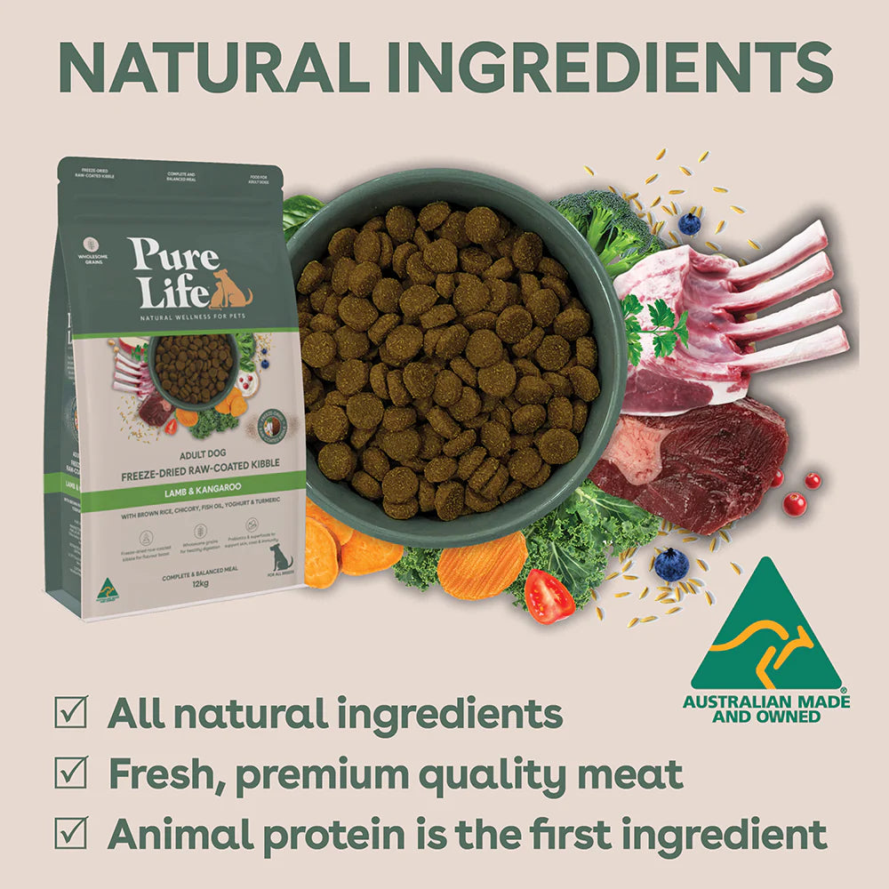 Pure Life Adult Dog Food – Freeze-Dried Raw Coated Kibble – Lamb & Kangaroo