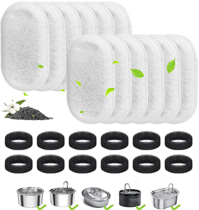 24 Filter Cartridge and 12 Sponge Refills for Pet Water Fountains
