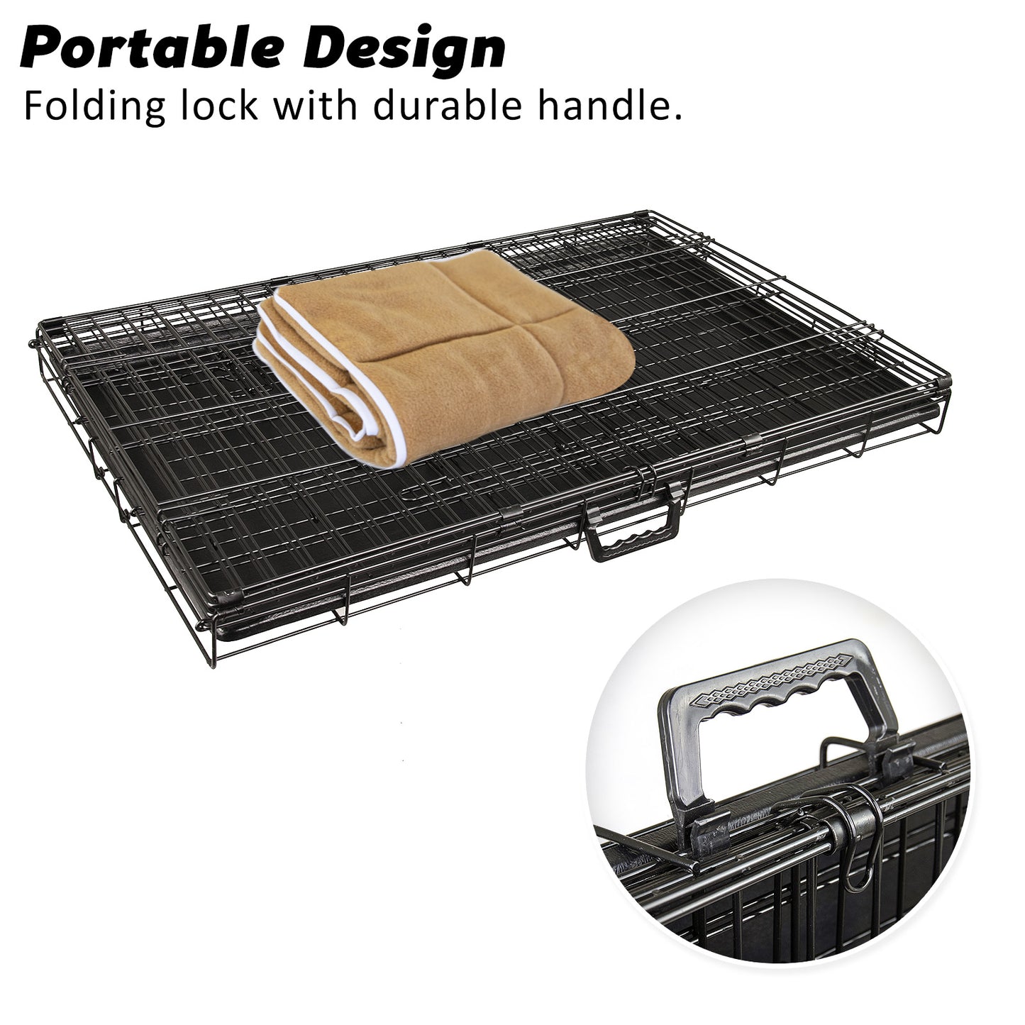 42" Foldable 2 Door Steel Dog Crate with Tray + Cushion Mat Bundle