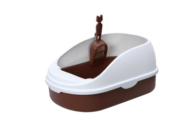 Medium Cat Litter Box with High Walls and Scoop - Brown