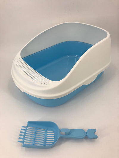 Large Cat Litter Box with High Walls and Scoop - Blue