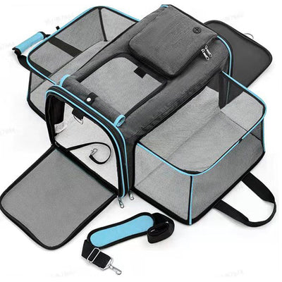 Gray & Blue Expandable & Foldable Pet Carrier Bag - Spacious Comfort for Your Pet!