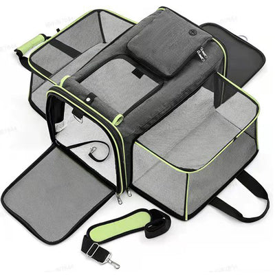 Gray & Green Expandable & Foldable Pet Carrier Bag - Spacious Comfort for Your Pet!