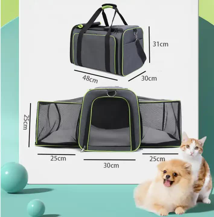Gray & Green Expandable & Foldable Pet Carrier Bag - Spacious Comfort for Your Pet!