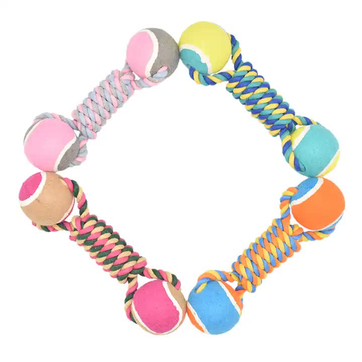 2 Pack Durable Rope & Tennis Ball Dumbbells - Chew, Tug & Fetch - Yellow & Blue