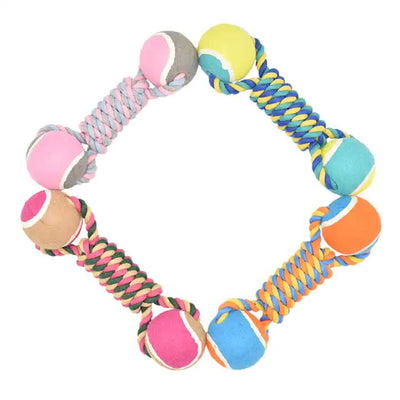 2 Pack Durable Rope & Tennis Ball Dumbbells - Chew, Tug & Fetch - Yellow & Blue