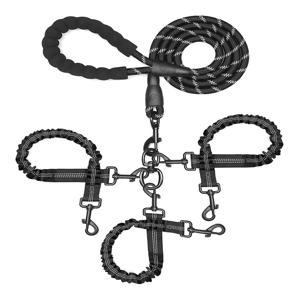 Tangle-Free Dog Leash for 1-3 Dogs - Heavy Duty Bungee Coupler with Reflective Stitching & Padded Handle - Black