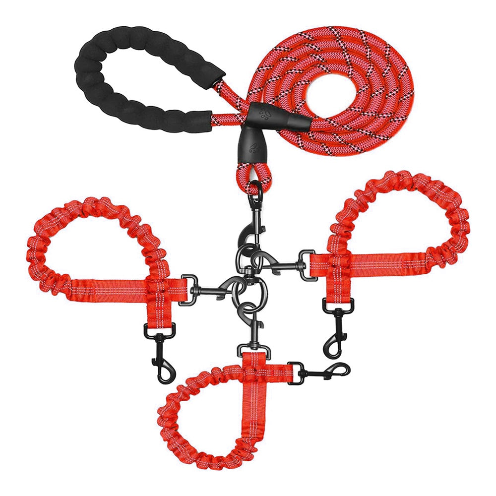 Tangle-Free Dog Leash for 1-3 Dogs - Heavy Duty Bungee Coupler with Reflective Stitching & Padded Handle - Red