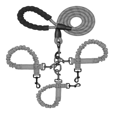 Tangle-Free Dog Leash for 1-3 Dogs - Heavy Duty Bungee Coupler with Reflective Stitching & Padded Handle - Grey