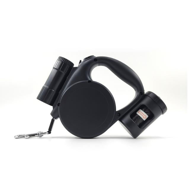 Heavy Duty 3-in-1 Retractable Dog Leash with LED Flashlight & Poop Bag Dispenser - Black