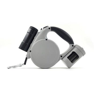 Heavy Duty 3-in-1 Retractable Dog Leash with LED Flashlight & Poop Bag Dispenser - Grey