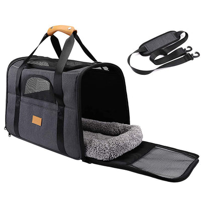 Black Soft-Sided Foldable Pet Carrier with Plush Bedding - Fits Cats & Small Dogs Under 6kg