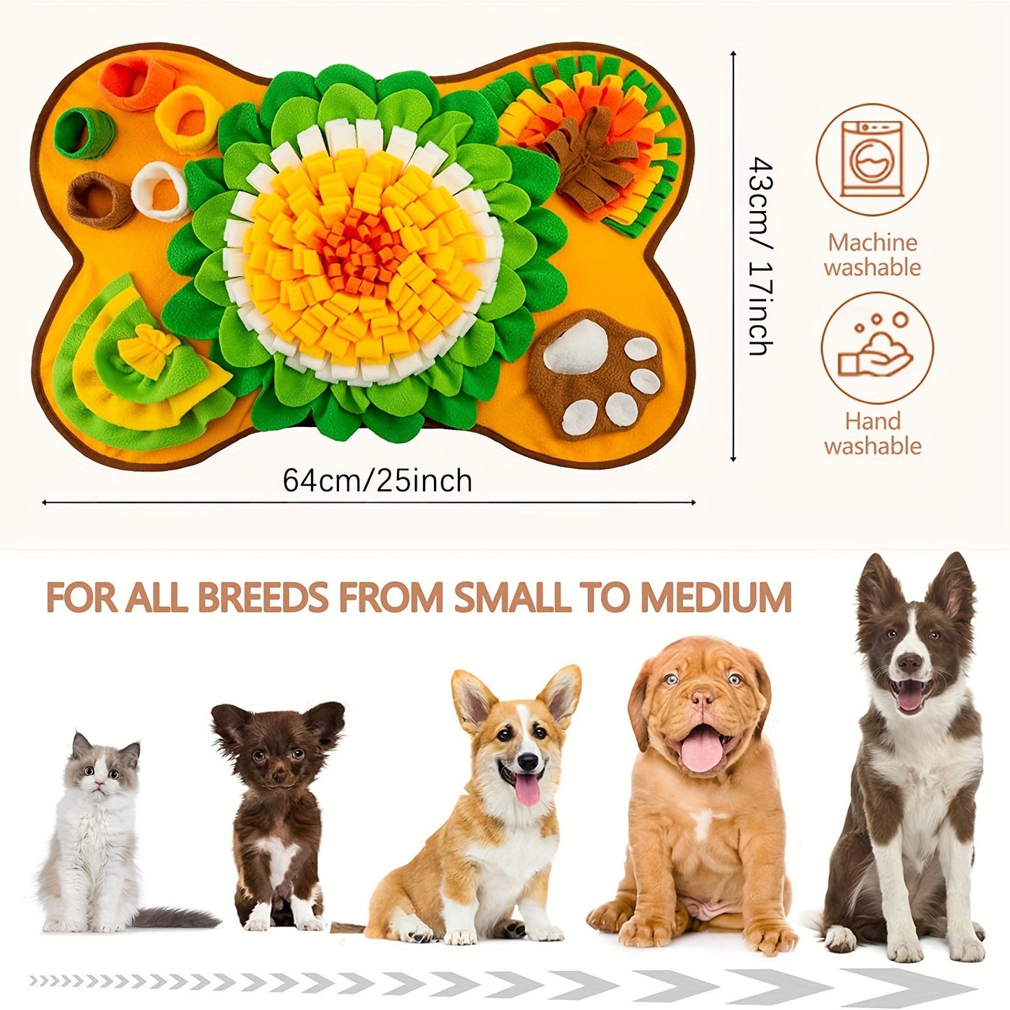 Cute Bone Shaped Snuffle Mat for Dogs - Slow Feeder & Foraging Puzzle Toy - Great for Anxiety Relief & Mental Stimulation (Yellow)